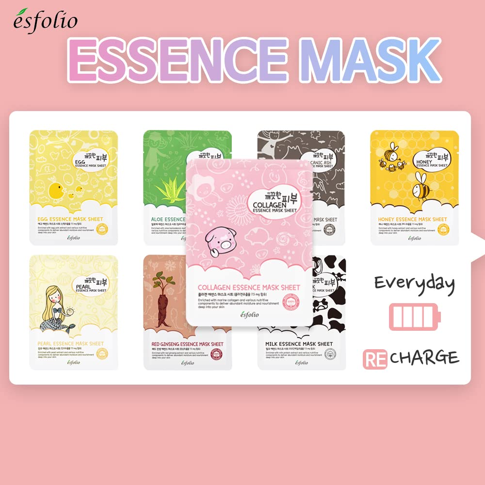 Esfolio Collagen Face Mask - Hydrating & Firming for Glowing Skin - Korean Skincare for Anti-Aging - Pack of 10 for Daily Beauty Routine