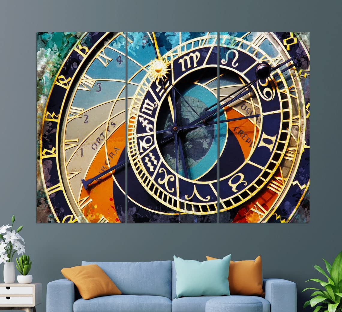 Prague Astronomical Clock Abstract Canvas Print - Vintage Prague Clock Painting - Bohemian Wall Art Decor for Living Room, Bedroom & Office
