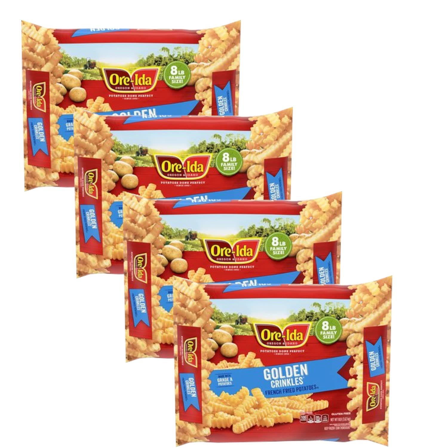 Ore-Ida Golden Crinkles French Fried Potatoes - Gluten-Free Frozen Fries, 4 Family Size Boxes (8 lbs Each) | Perfect for Parties, BBQs & Quick Family Meals