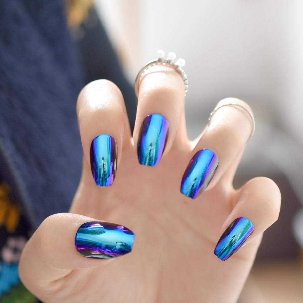 Chrome Ballerina Coffin False Nails - Holographic Blue Purple Mirror Reflection Tips for Long Lasting Wear | Perfect for Parties, Weddings, and Special Events