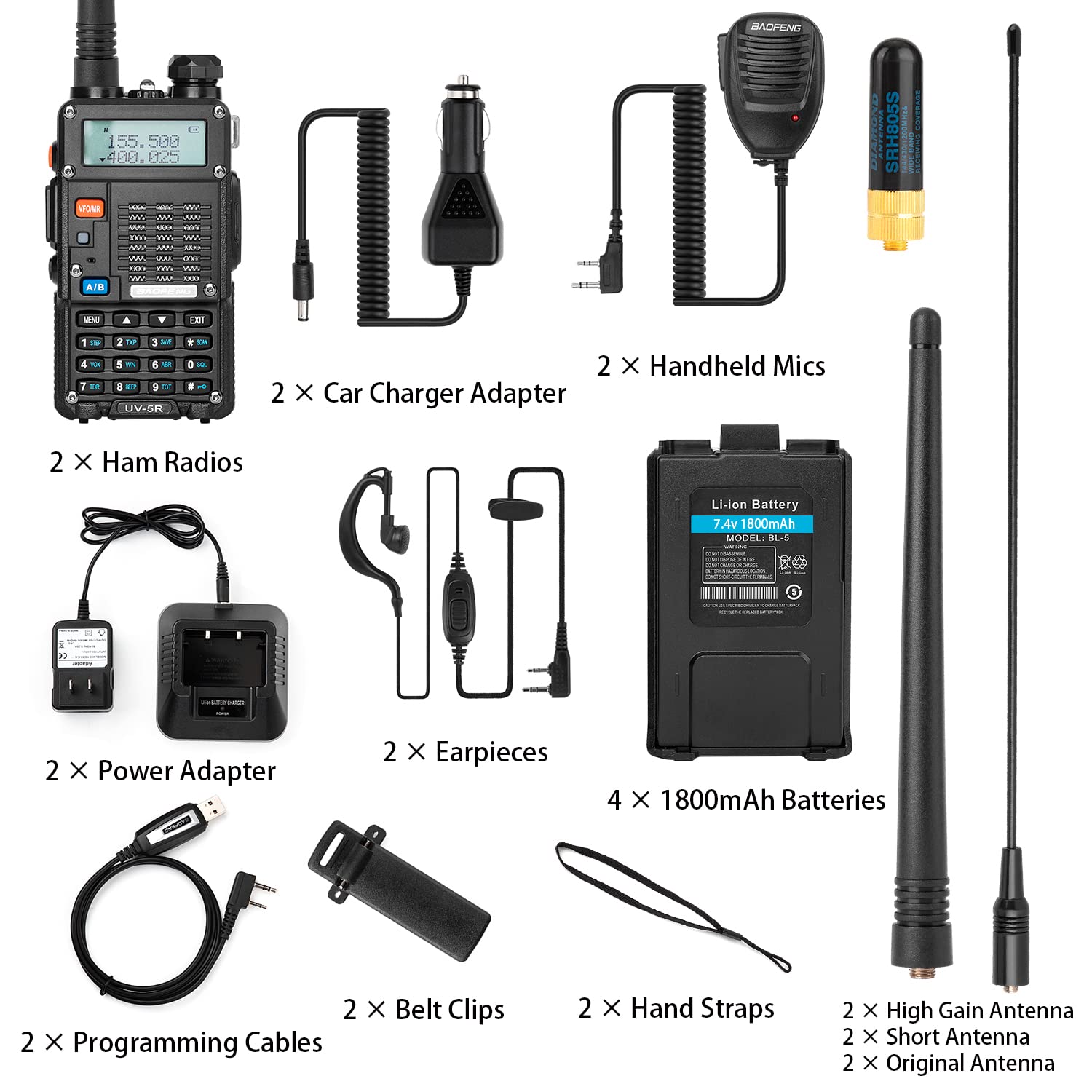 BaoFeng UV-5R Pro 8W Dual Band Ham Radio Walkie Talkies - 2 Pack with Rechargeable Battery, Earpiece, Mic & Programming Cable - Long Range Two Way Radios for Outdoor Adventures, Emergency Communication & Hiking