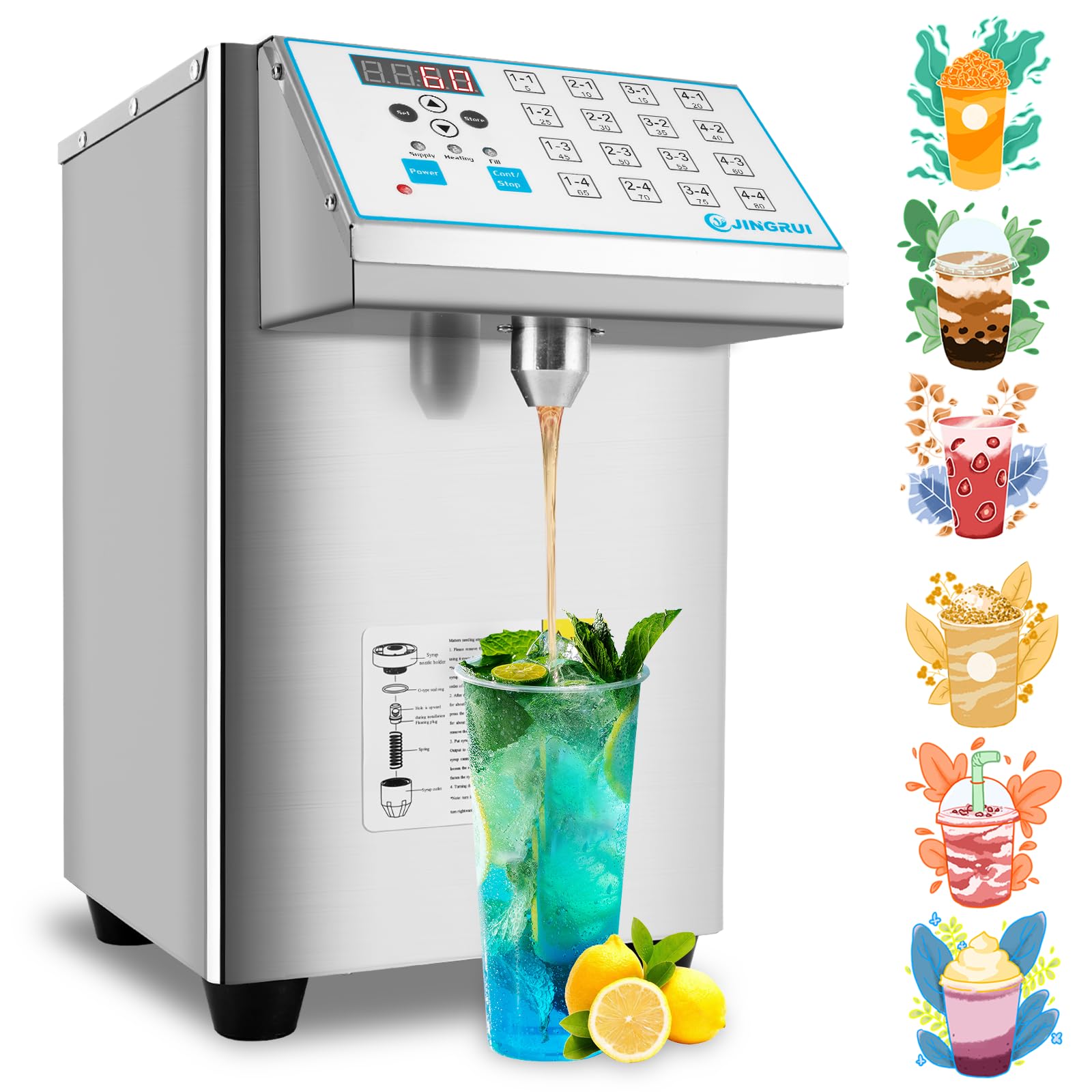 YJINGRUI 8.5L Commercial Fructose Dispenser - Brushed Stainless Steel Syrup Machine with 16 Groups (110V) - Perfect for Coffee Shops, Bubble Tea Stores & Dessert Bars