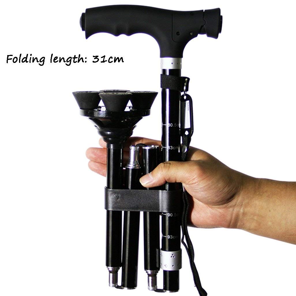 Adjustable Folding Walking Cane with LED Light & Pivoting Quad Base - Lightweight Support Cane for Men & Women - Ideal for Hiking, Travel & Daily Mobility Assistance
