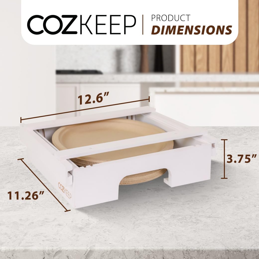 Adjustable Under Cabinet Paper Plate Holder & Organizer - Fits 8, 8.5, 9 & 10 Inch Plates - White - Perfect for Kitchen Counter Storage & Party Serving