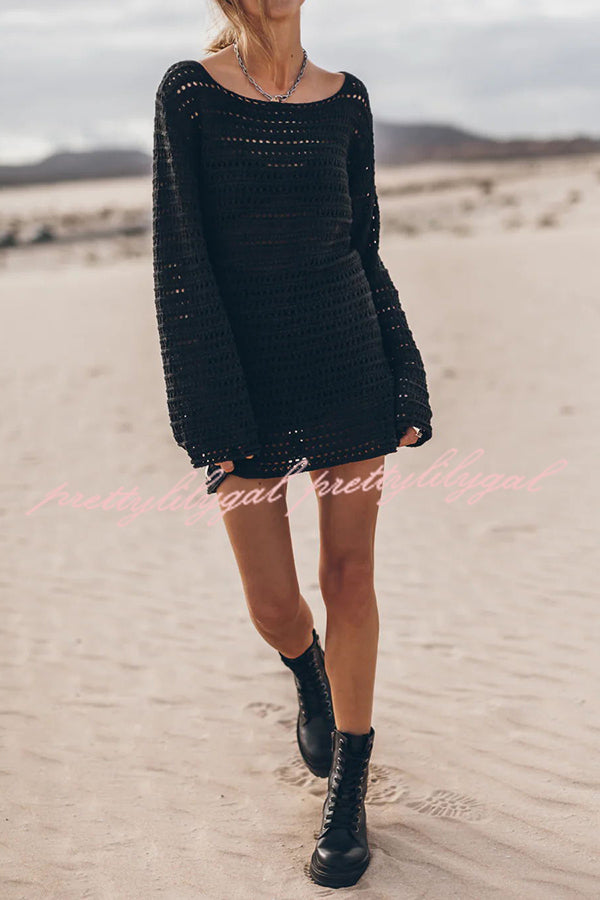 Sunset Love Knit Open Back Tie-Up Flare Sleeve Cover Up Mini Dress - Perfect for Beach Vacation, Summer Party & Boho Fashion
