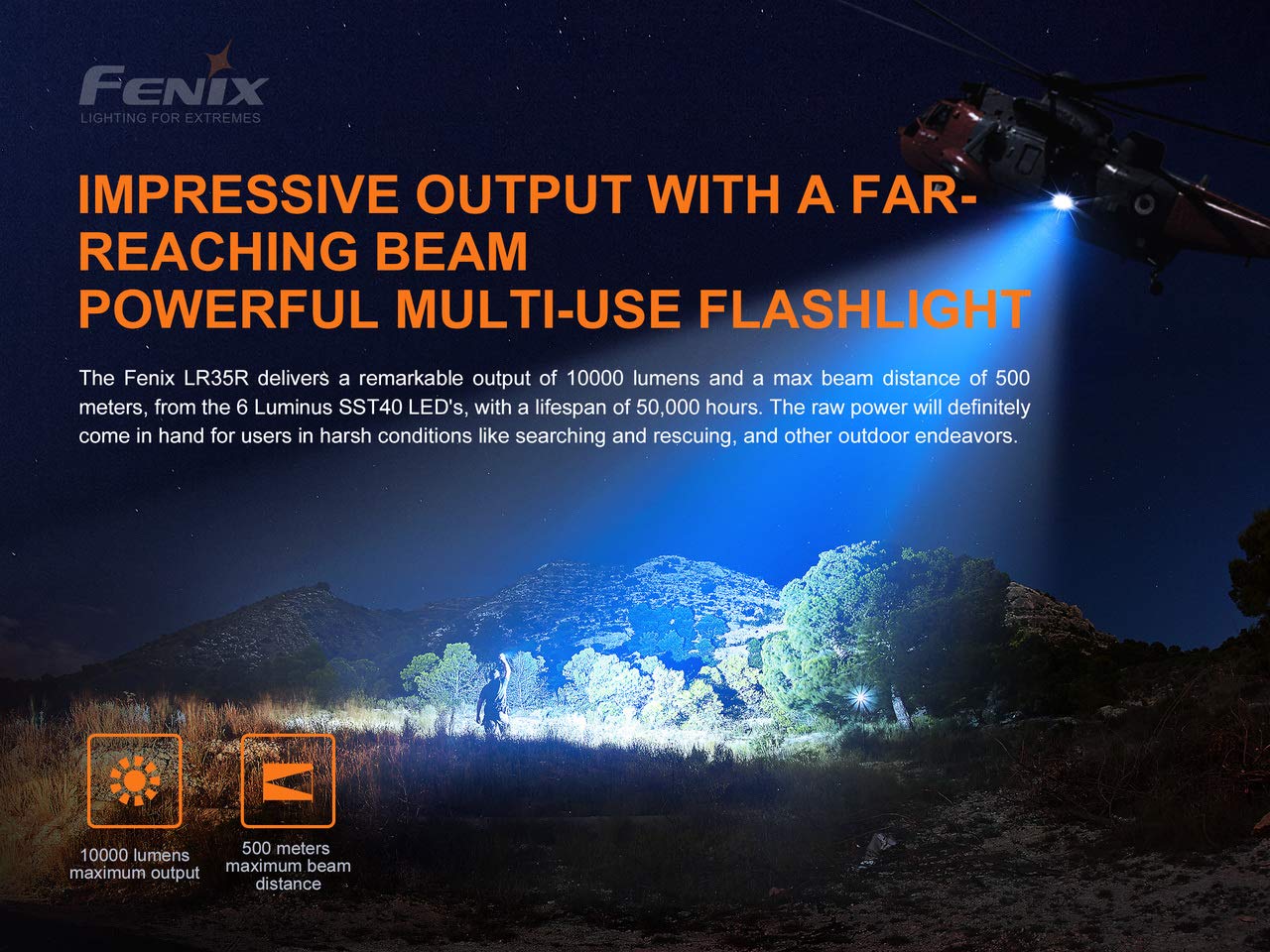 Fenix LR35R 10000 Lumen Rechargeable Tactical Flashlight with 2 Li-ion Batteries & Carrying Case - High Power LED Flashlight for Camping, Hiking, Emergency & Outdoor Adventures