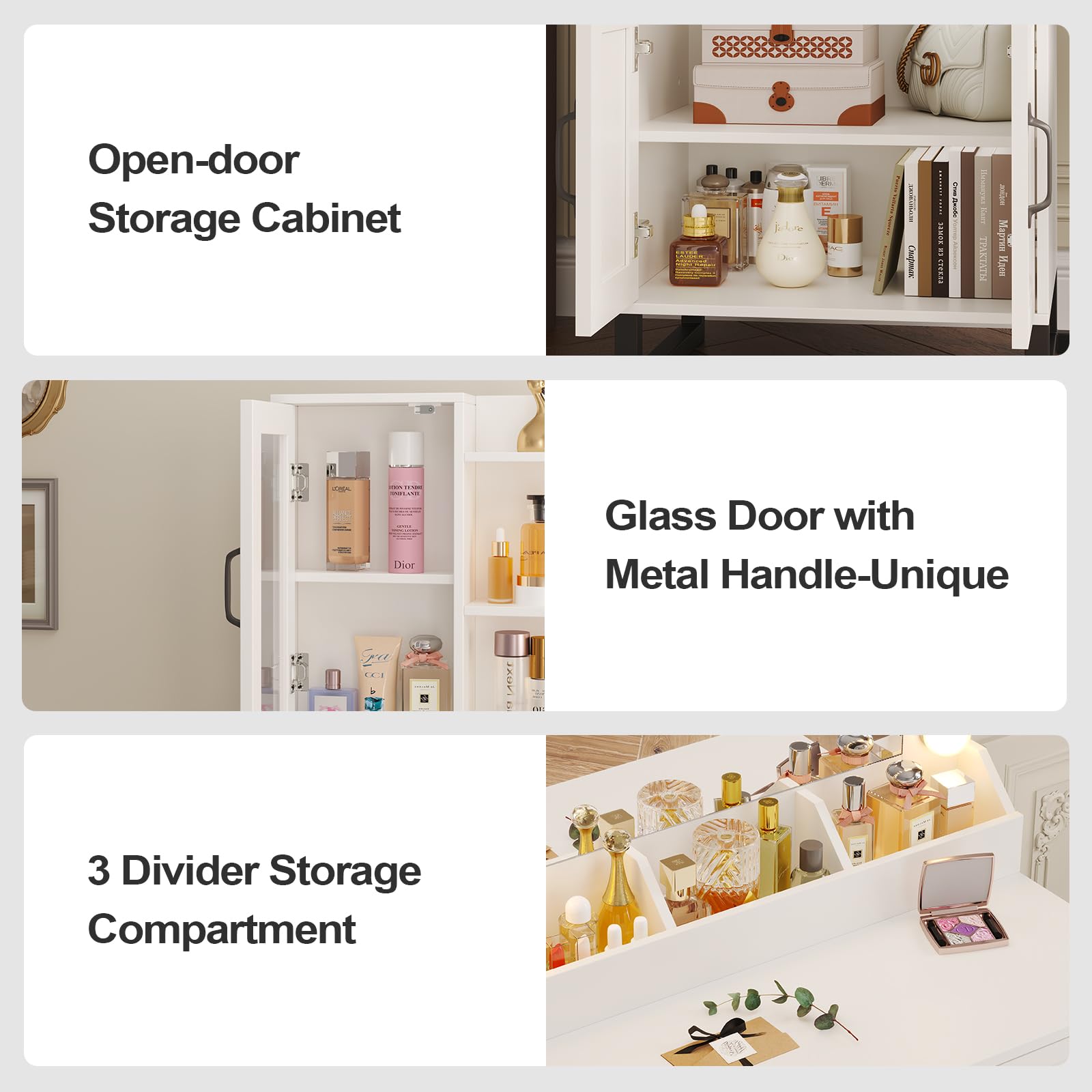 Modern White & Black Makeup Vanity Desk Set with LED Lights, USB Charging Station, Stool & Glass Top Storage - 3 Shelves & Drawers for Bedroom, Dressing Room & Beach House Decor