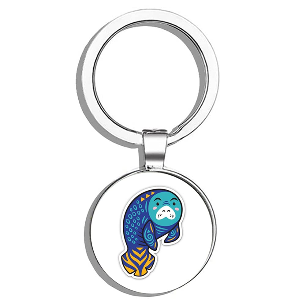Cute Manatee Drawing Metal Keychain - Durable Round Key Ring for Keys, Gifts & Beach Accessories - Perfect for Marine Life Lovers & Ocean-Themed Decor