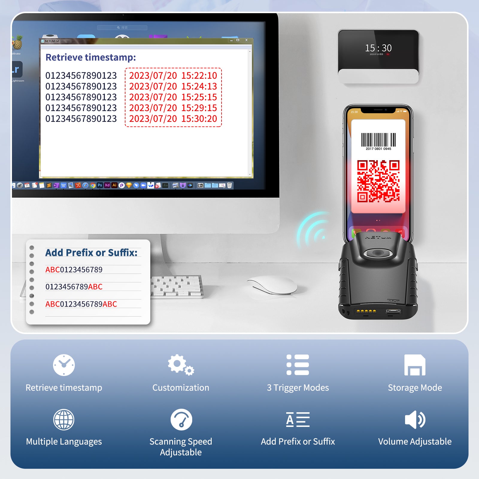 E800 2D Wireless Barcode Scanner - Fast & Accurate QR Code Reader for Retail, Warehouse & Inventory Management | USB & Bluetooth Connectivity