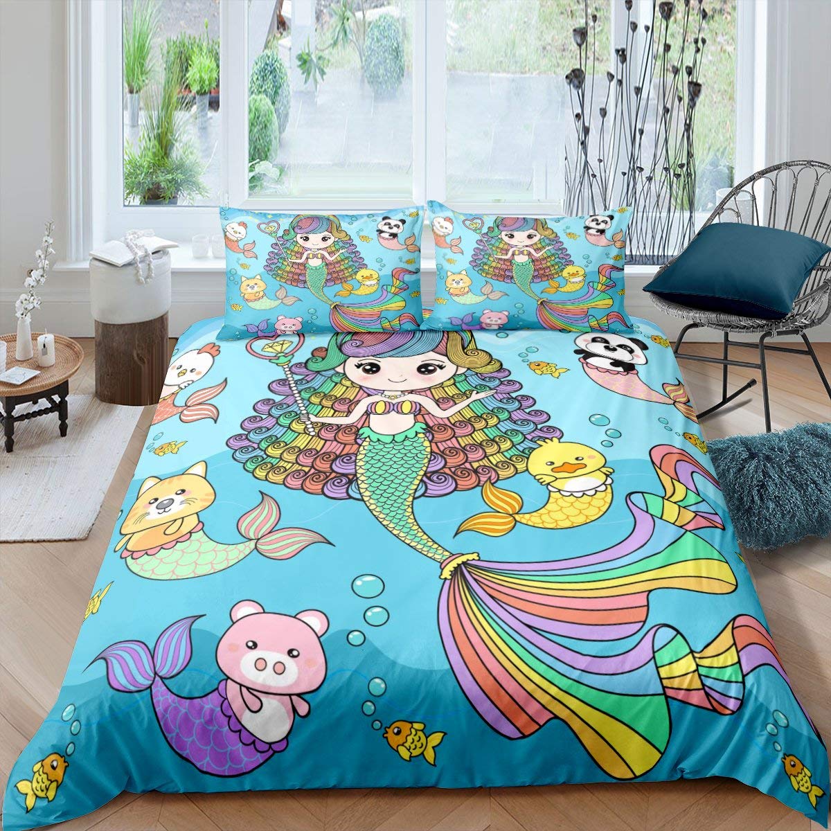 **Mermaid Bedding Set for Girls & Boys - Twin Size Rainbow Ocean Life Duvet Cover with Panda Animal Print, Underwater Marine Theme Cartoon Comforter Cover (2-Piece Set + 1 Pillowcase) - Perfect for Kids' Bedrooms, Sleepovers & Themed Decor**