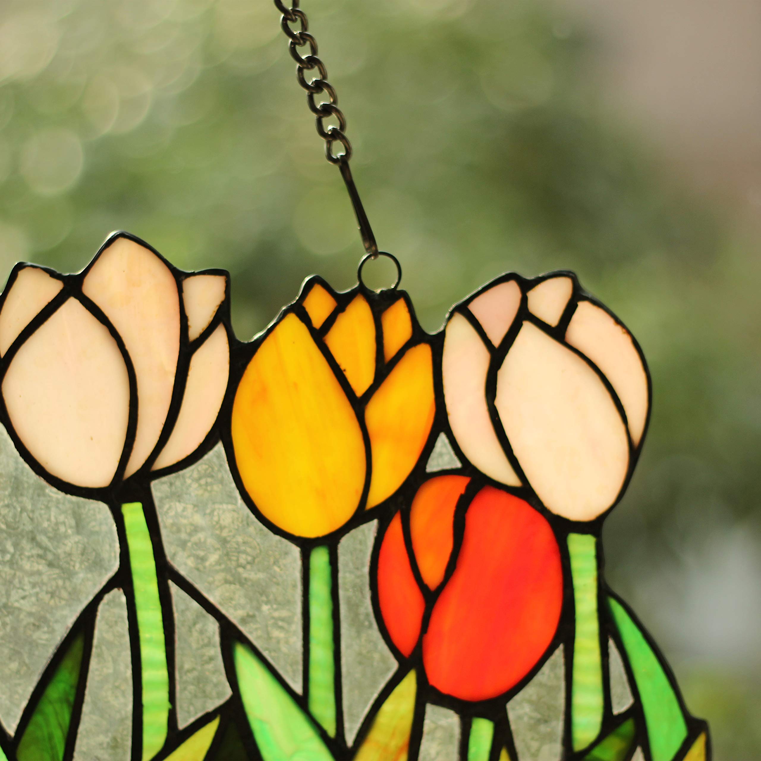 Tiffany-Style Stained Glass Tulip Window Panel - 18 Inch Wide Handcrafted Art Glass for Home Decor, Church & Office