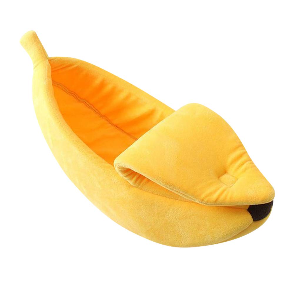 Tlzadwei Plush Banana-Shaped Cat Bed - Soft, Fluffy & Warm Small Pet Bed - Breathable Design for Cats & Small Pets (Yellow, Size S) - Perfect for Cozy Naps & Playtime in Living Rooms & Bedrooms