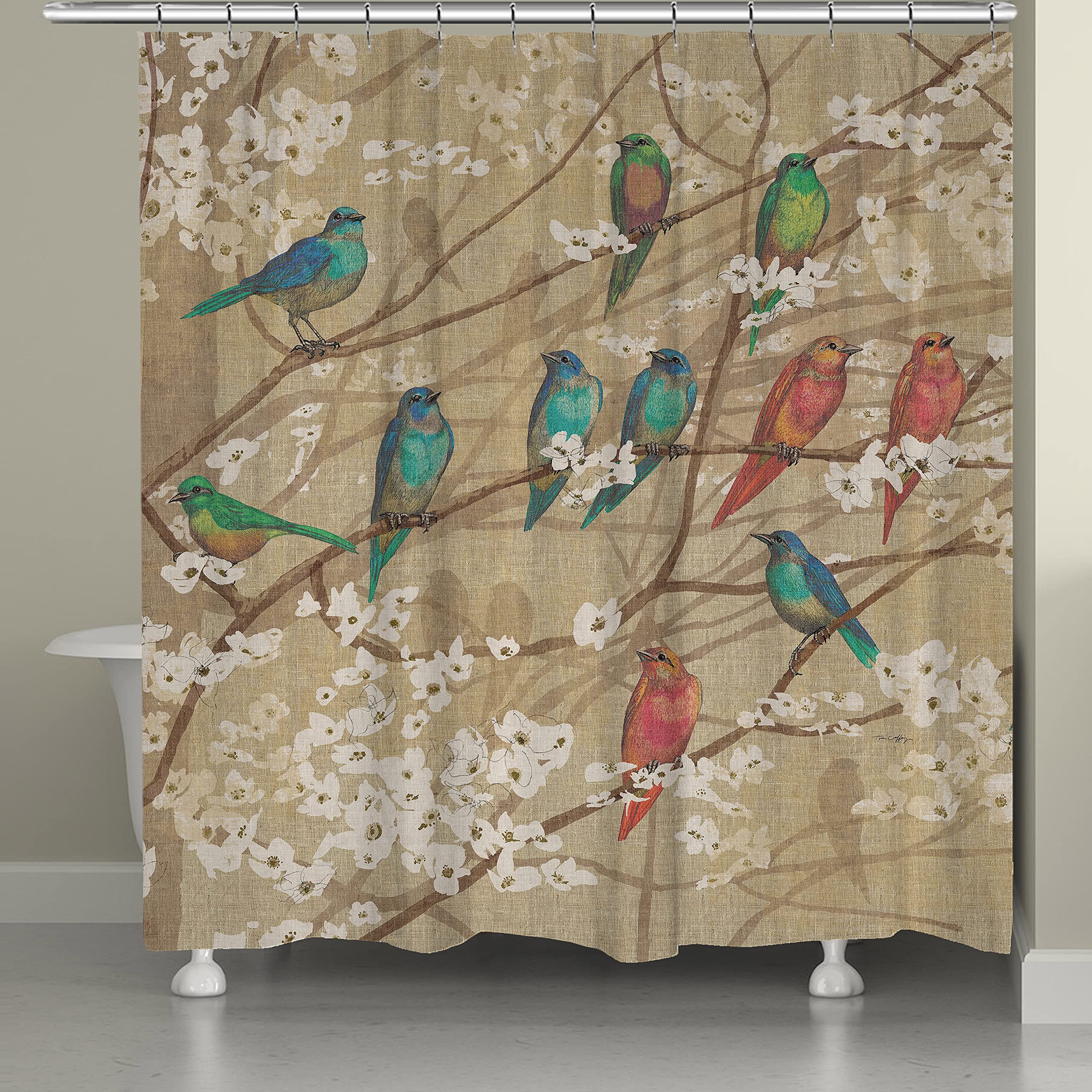 Laural Home Birds and Blossoms Waterproof Fabric Shower Curtain - 71x72 Inches, Bathroom Decor for Modern & Vintage Style - Perfect for Home, Apartment, and Hotel Use