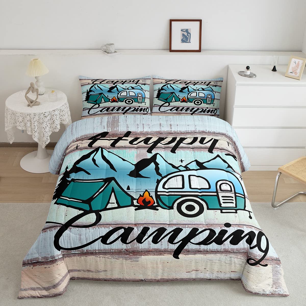 Vintage Wooden Door Camping Comforter Set - Soft Full Size Duvet for Kids & Adults | Cozy Travel Car Bedding, Happy Camping Decor for Bedroom & Outdoor Adventures