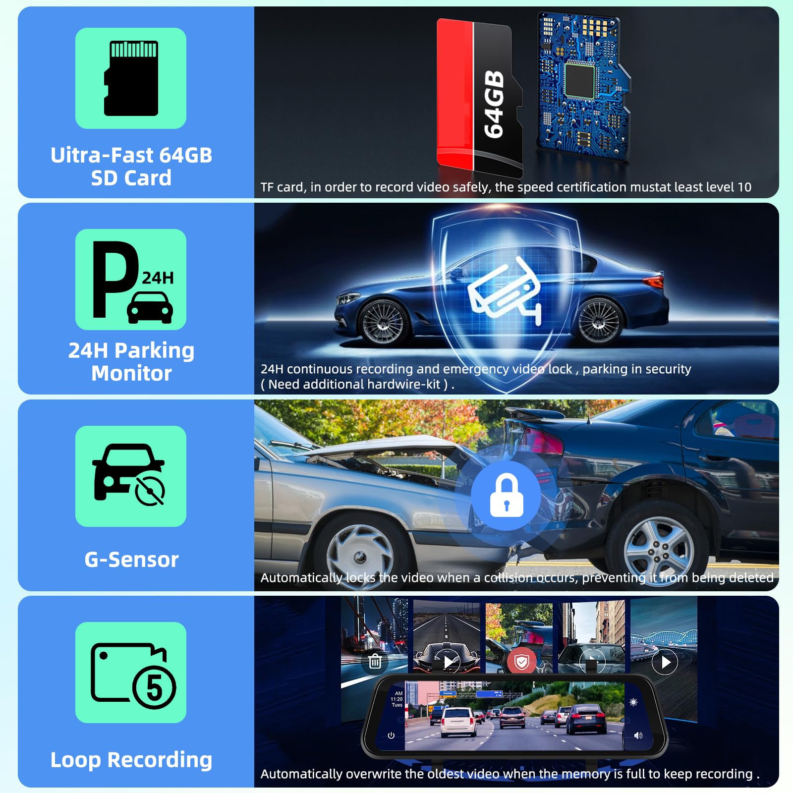 9.66 Inch Wireless Rear View Mirror Camera with Apple CarPlay & Android Auto - 1280x720P Front & 1080P Rear Dual Dash Cam - Night Vision, Voice Control, Backup Camera + 64GB TF Card - Perfect for Cars, Trucks & SUVs