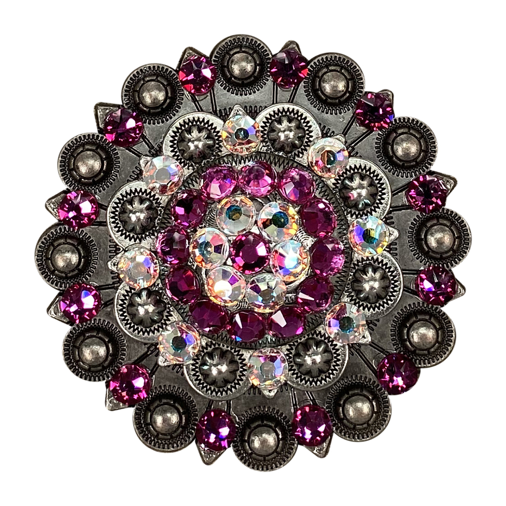 Antique Silver Fuchsia AB Crystal Conchos - Sizes 1 to 3 with Buckles for Western Belts, Cowboy Boots & Leather Craft Accessories