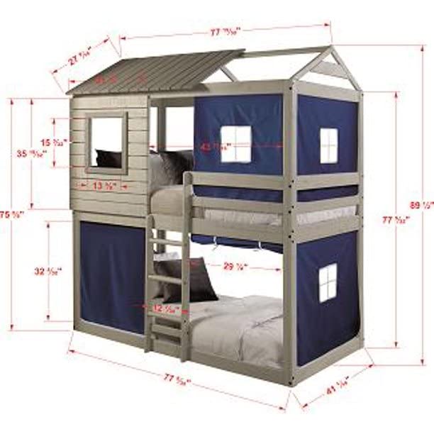 Cartesian Bella Vista Grey Solid Pine Wood Junior Twin Over Twin Standard Loft Bunk Bed with Blue Tent - Space-Saving Kids Bunk Bed for Small Rooms, Dormitories & Sleepovers