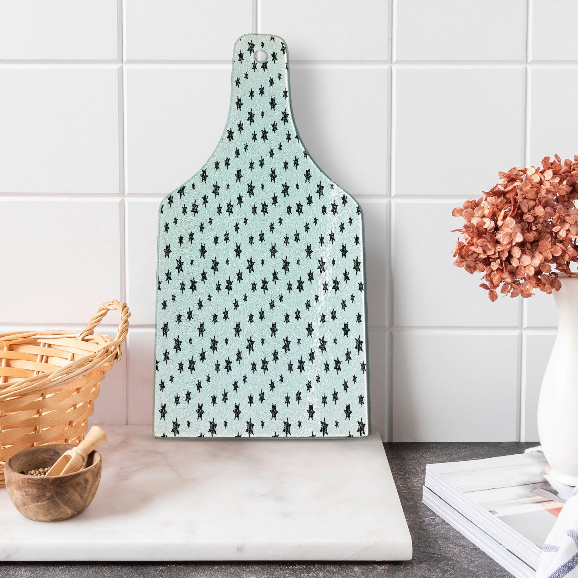 Ambesonne Star Cutting Board - Punk Grunge Style Tempered Glass Serving Board with Starry Pattern, White & Black Modern Design for Kitchen & Dining Decor | Perfect for Cheese Platters, Charcuterie Display, and Wine Bottle Shaped Appetizer Serving