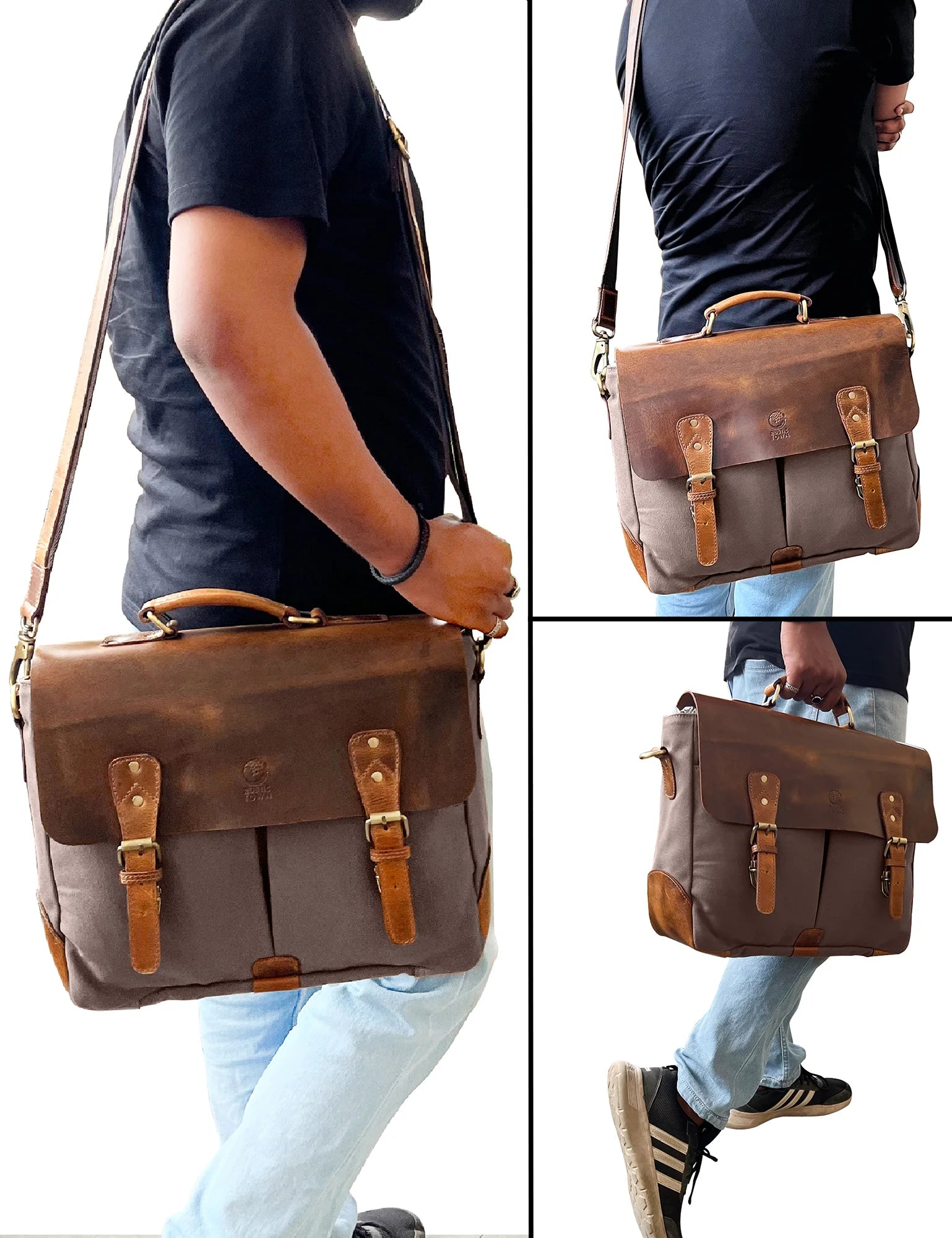 Premium Rover Leather & Canvas Messenger Bag for Men & Women - Stylish Laptop Briefcase with Multiple Pockets (Dark Grey) - Perfect for Work, Travel & Daily Commute