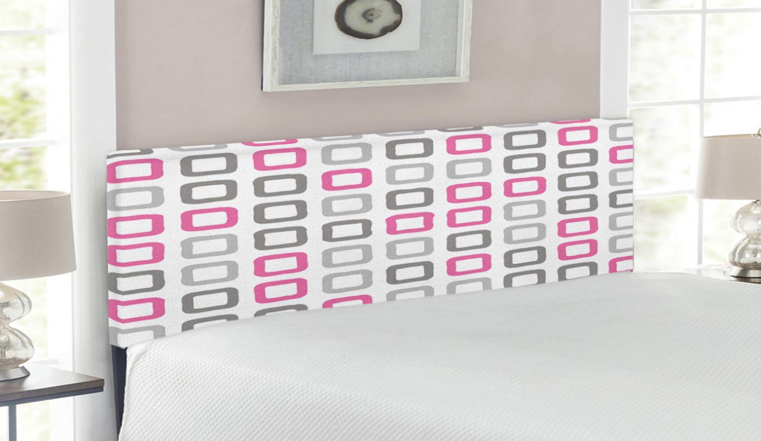 Ambesonne Vintage Geometric Upholstered Headboard - Queen Size Pink White Grey Memory Foam Bed Headboard with Square Frame Design | Perfect for Modern & Bohemian Bedroom Decor