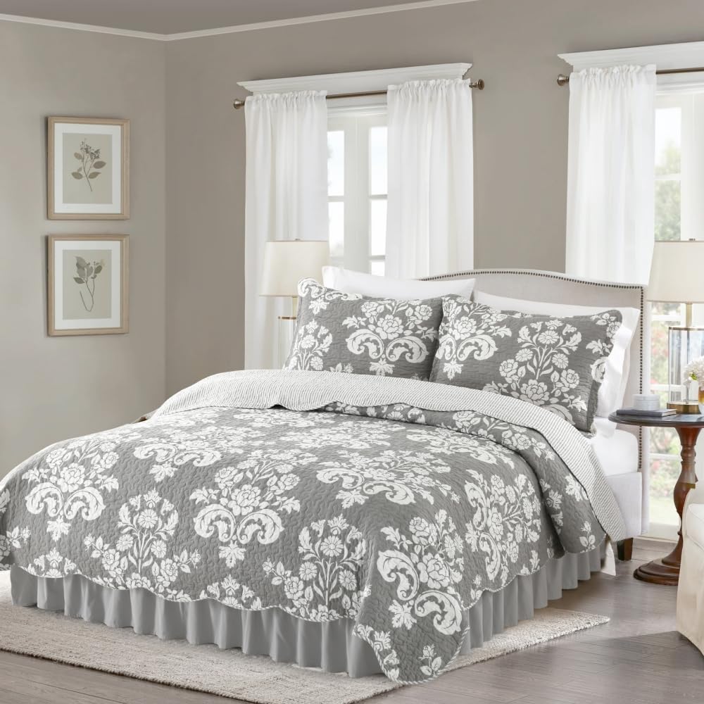 3-Piece King Size Quilt Set - 100% Soft Cotton Reversible Comforter with Gray Floral Pattern, Lightweight All-Season Bedding for Master Bedroom, Guest Room & Vacation Homes