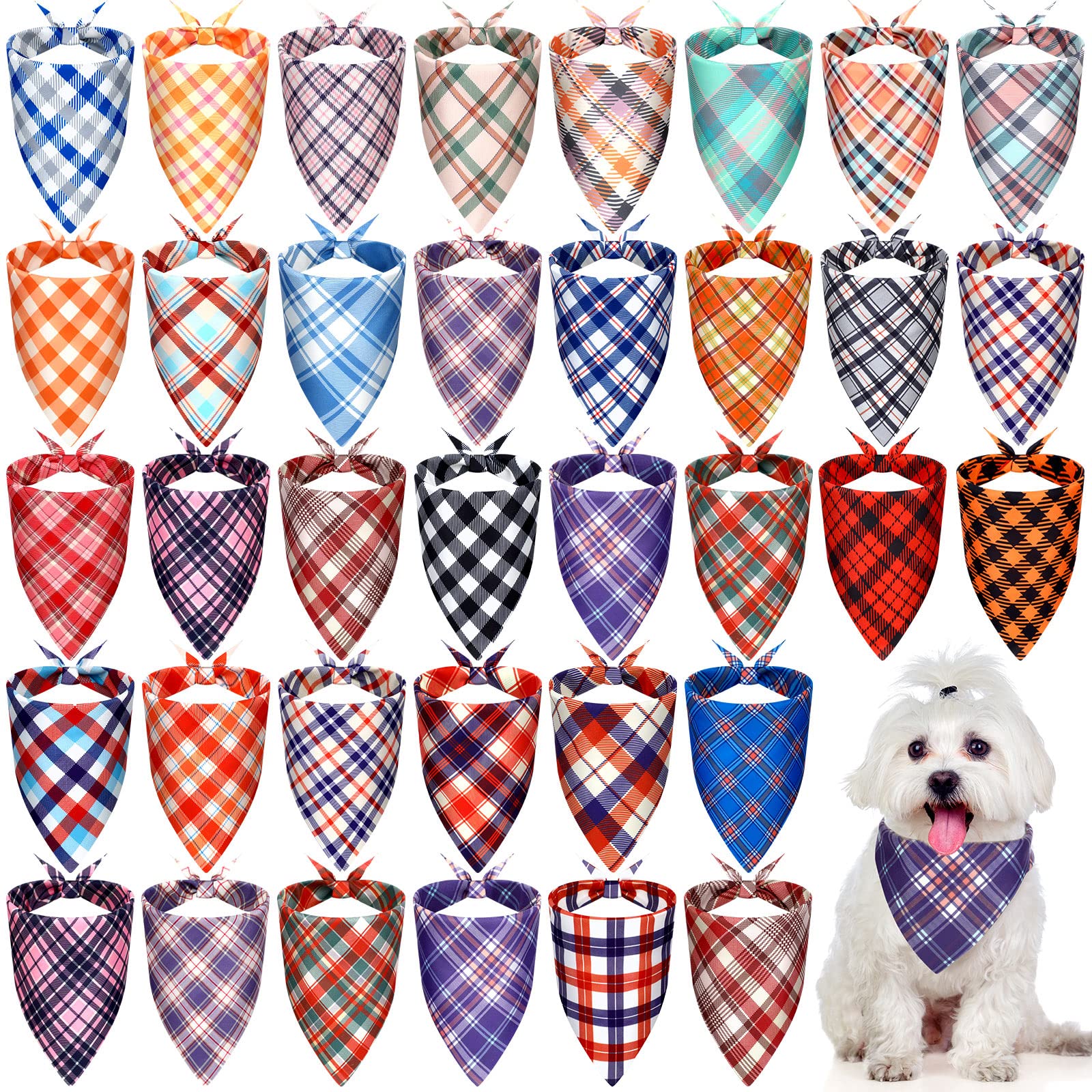 30 Pack Plaid Dog Bandanas - Adjustable & Washable Pet Scarves for Small to Medium Dogs & Cats - Cute Checkered Bibs for Daily Wear, Grooming, Photos & Holidays