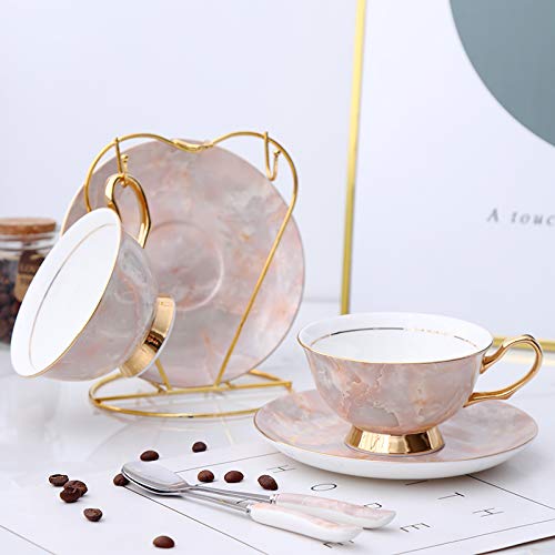 Premium 7 oz European Ceramic Bone China Coffee Cups Set of 2 with Saucers & Metal Holder - Ideal for Au Lait, Latte, Cafe Mocha, Tea & Cappuccino - Perfect Mother's Day Gift in Elegant Pink - Great for Home, Office, Coffee Shops & Gifting