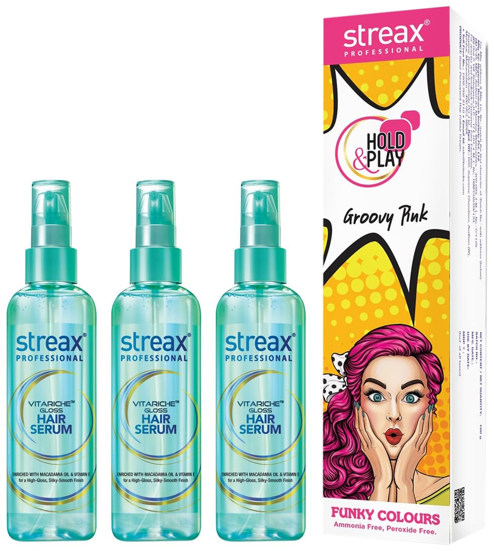 Streax Professional Vitariche Gloss Hair Serum 115ml (Pack of 3) - Shine & Color Treatment for Women & Men | Funky Groovry Pink Hair Color | Perfect for Styling, Parties & Creative Looks