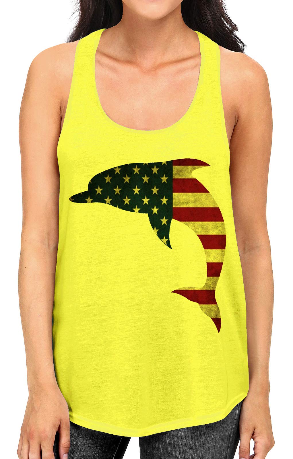 Junior's USA Flag Dolphin B1366 Racerback Tank Top - Yellow - Patriotic Summer Beachwear for Women & Girls | Perfect for 4th of July, Pool Parties & Outdoor Activities