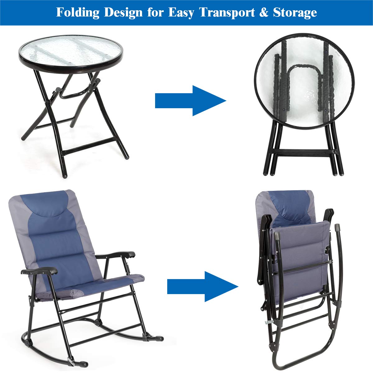 RELAX4LIFE 3-Piece Outdoor Bistro Set with 2 Foldable Rocking Chairs & 1 Tempered Glass Table - Patio Furniture for Balcony, Garden, Backyard, Deck (Blue) | Perfect for Relaxing, Entertaining Guests, and Enjoying Morning Coffee Outdoors