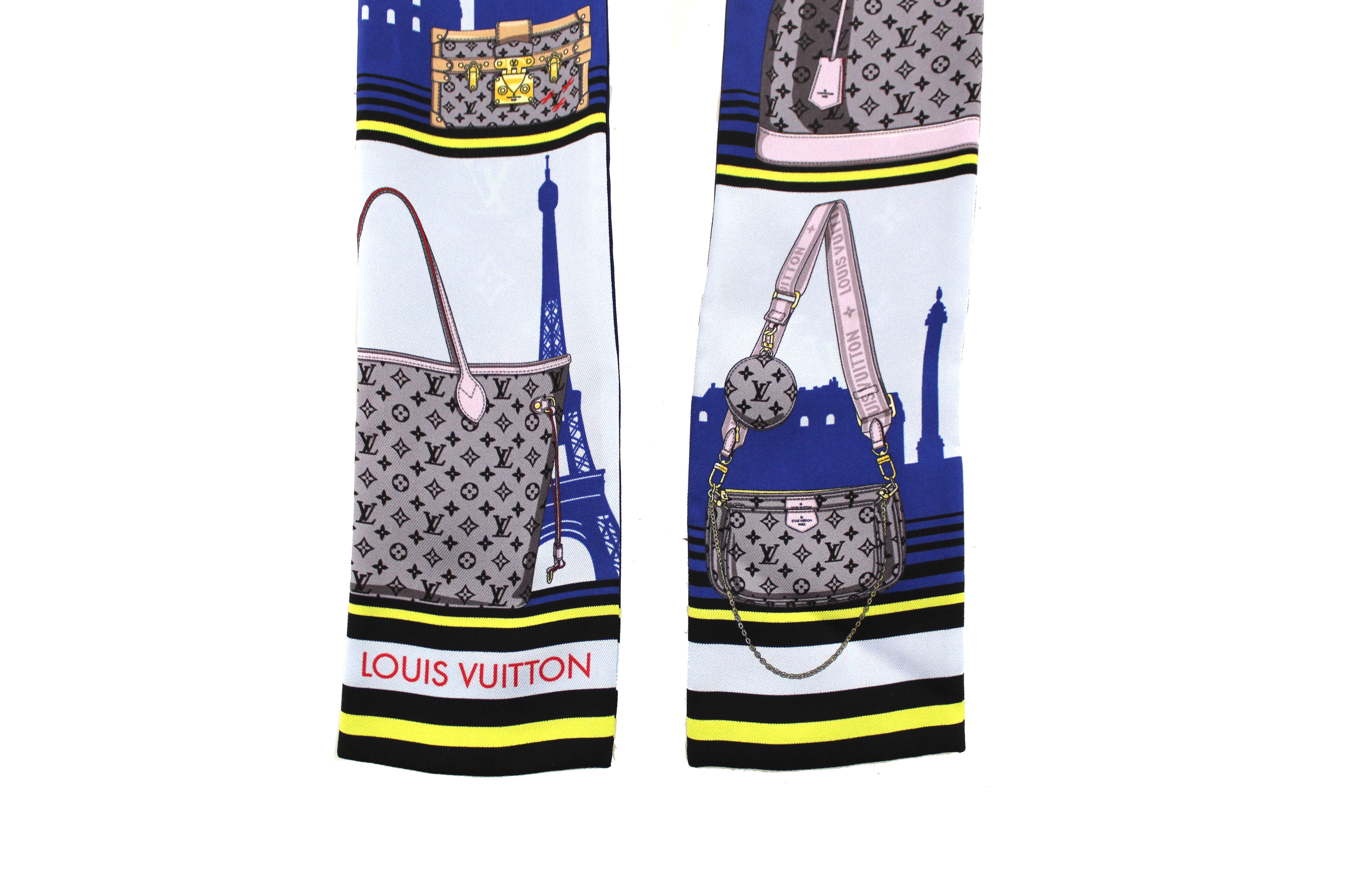 Authentic Louis Vuitton Blue Silk Monogram Skyline Bandeau Scarf - Luxury Fashion Accessory for Women, Perfect for Travel, Parties & Gifts
