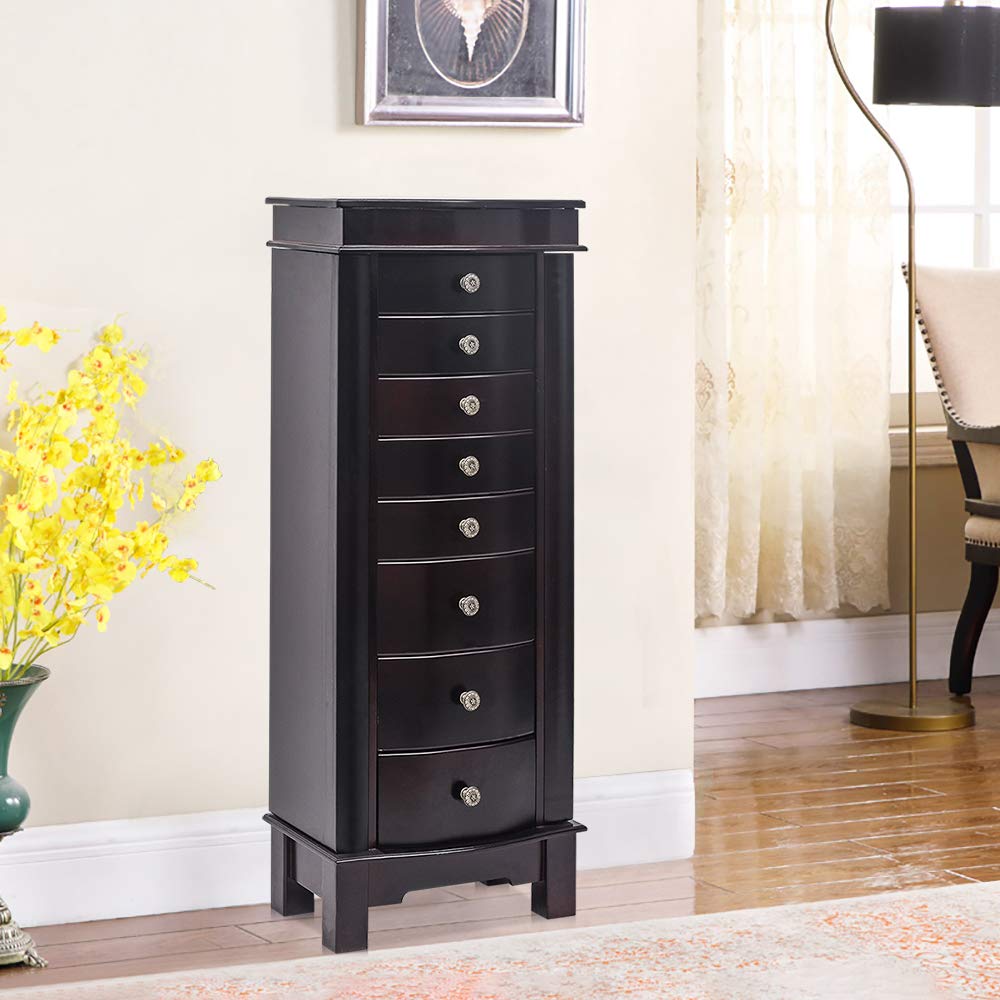 Wooden Jewelry Armoire with 8 Drawers & Makeup Mirror - Free Standing Jewelry Cabinet Organizer for Necklaces, Watches, Rings, Bracelets & Earrings - Large Brown Cosmetic Storage Chest with Hanger - Perfect for Bedroom, Closet or Dressing Room Organization