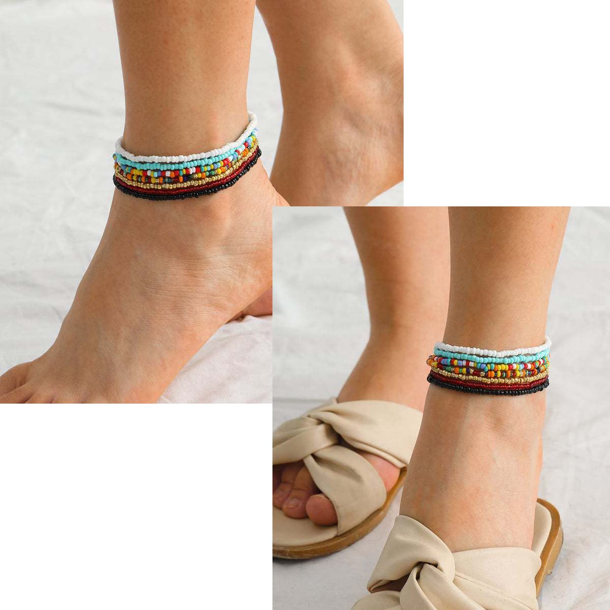 24PCS Boho Beaded Anklets for Women - Handmade Stretch Elastic Beaded Ankle Bracelets with Colorful Beads - Summer Beach Jewelry Gifts for Vacation, Festival & Boho Fashion Accessories
