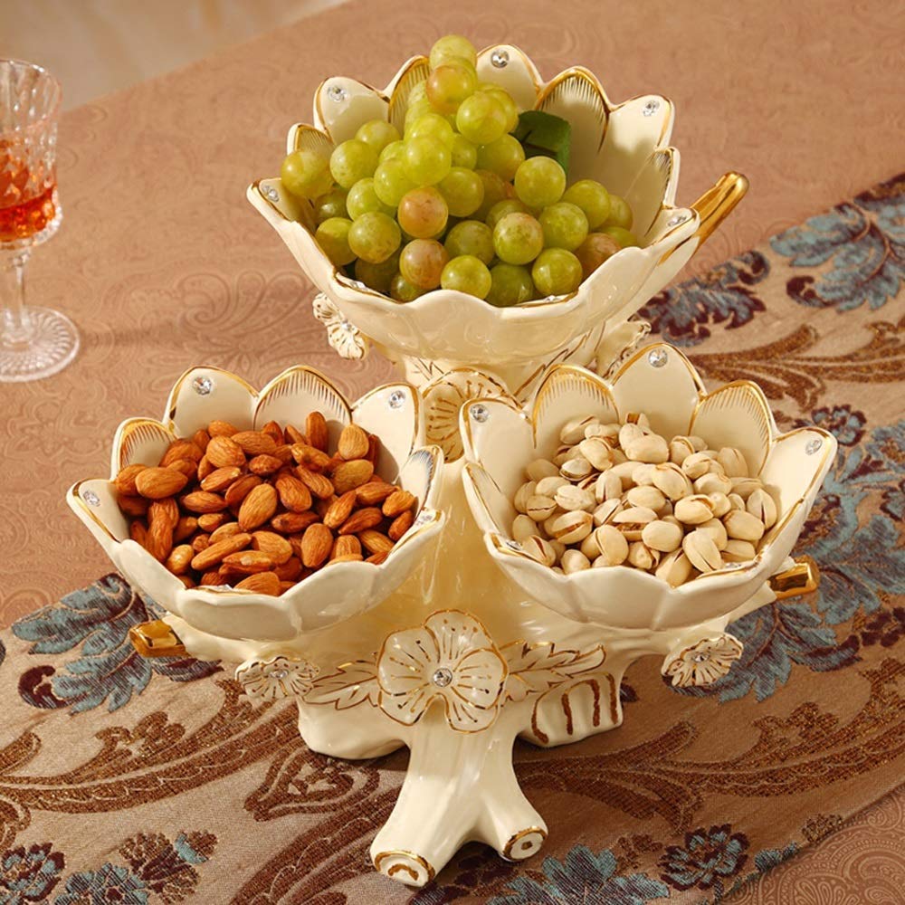 Lotus Three-Grain Dried Fruit Plate - European Style Ceramic Double Fruit Bowl, Modern Multi-Layer Snack Tray for Living Room, Kitchen & Dining Room - Perfect for Serving Nuts, Candy, Fruits & Appetizers