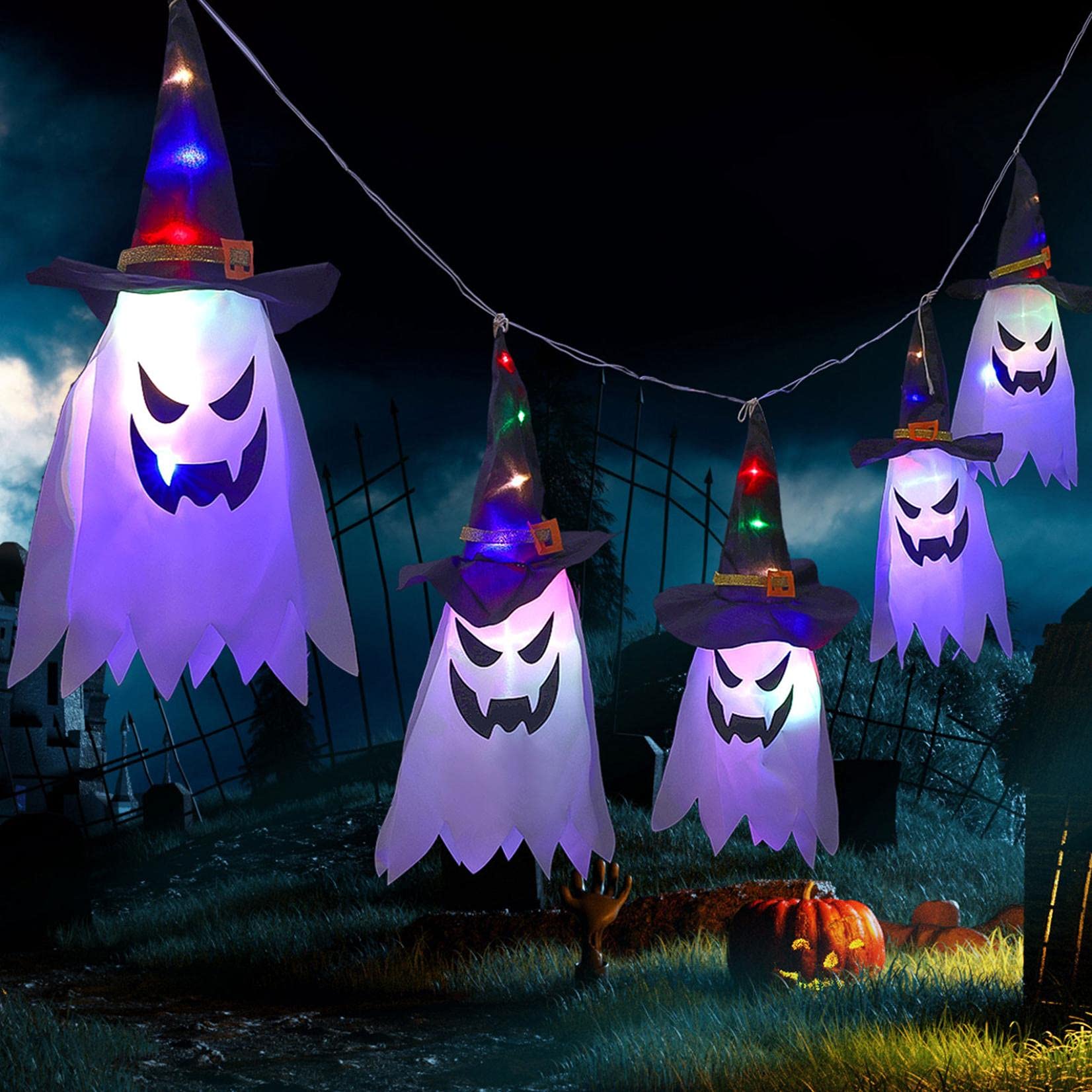 Halloween Ghost Hanging Decorations with Witch Hat - Cute Flying Ghost String Lights for Indoor/Outdoor - Party Yard Tree Garden Decor (5PC Multicolor) - Perfect for Halloween Parties, Home Decor & Spooky Atmosphere