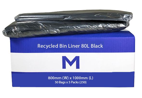 80L Black Recycled Trash Bags x 250 Pack (31.5