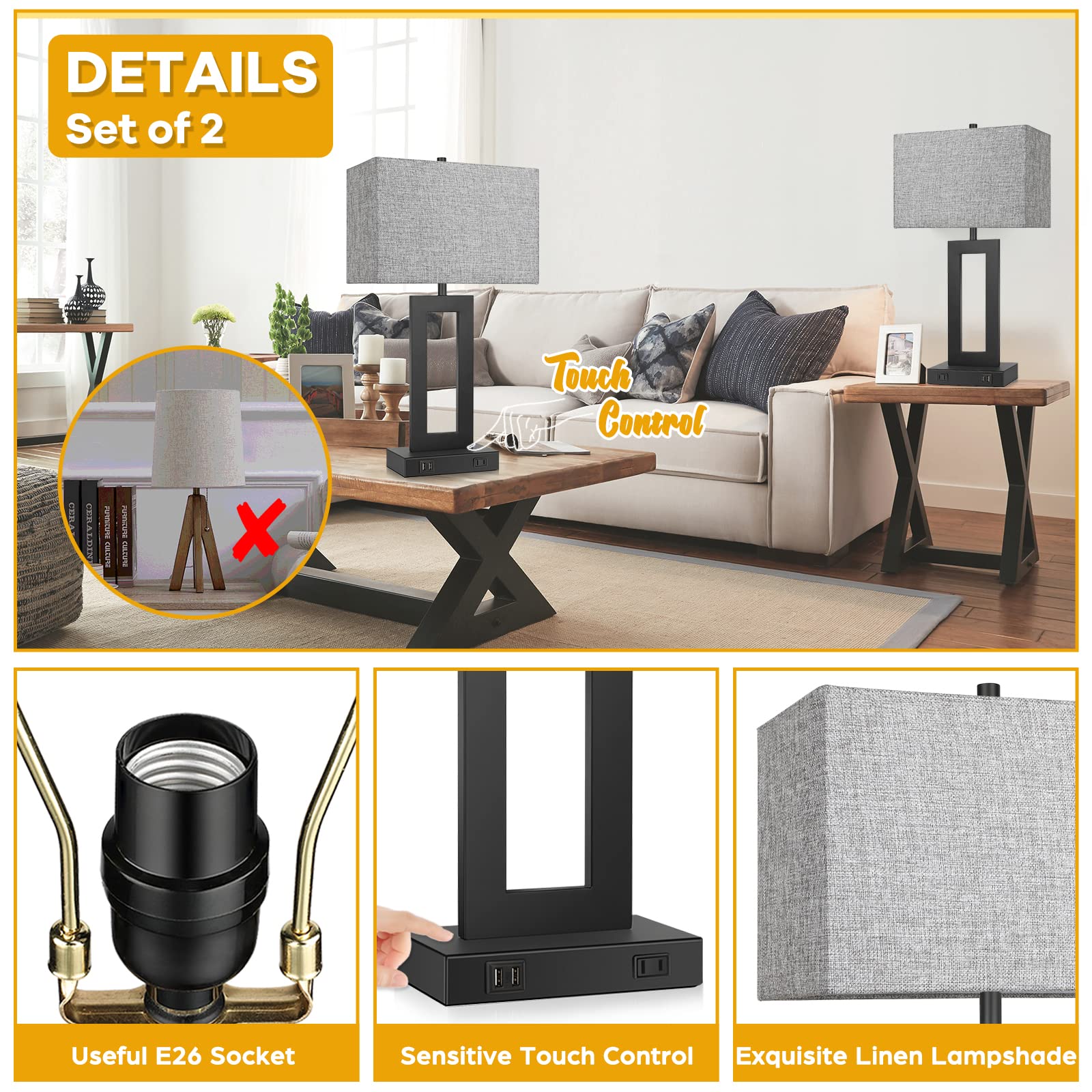 Set of 2 Modern Touch Control Table Lamps with USB Charging Ports - 22