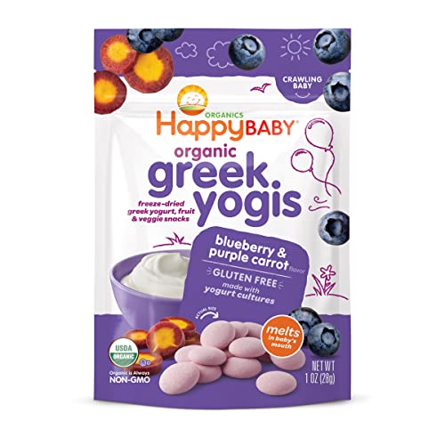 Happy Baby Organics Greek Yogis Freeze-Dried Yogurt & Fruit Snacks - Blueberry & Purple Carrot - 1oz Pouch | Healthy Toddler Snack for On-the-Go, Lunch Box & Baby Led Weaning | USDA Organic, Non-GMO, Gluten Free