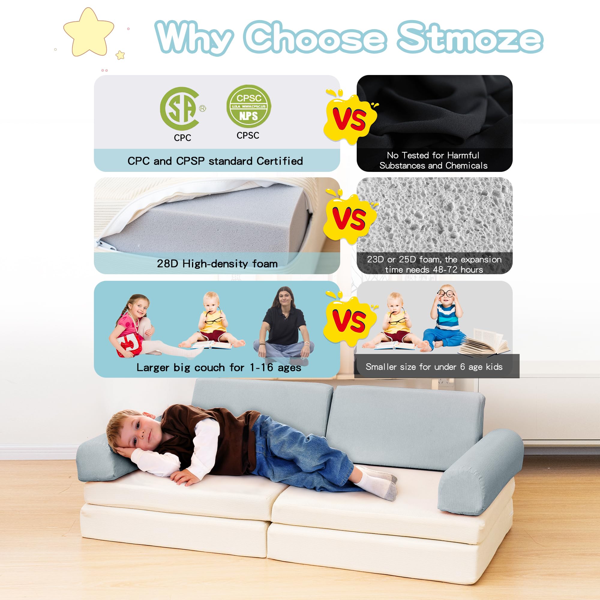 Modular Kids Play Couch - Convertible Toddler Foam Sofa for Playroom | Corduroy Fabric Nugget Couch with 5-Second Instant Expansion | Baby Explorer Set in Cyan & Beige | Perfect for Indoor Play, Reading Nook, and Nap Time