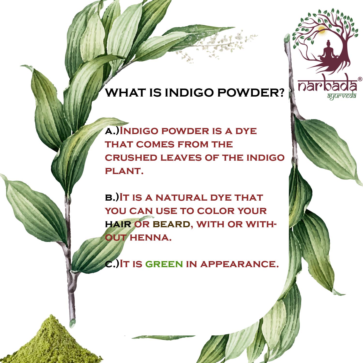 Narbada Ayurveda Pure Indigo Powder 250gm - Natural Hair & Beard Dye for Black & Brown Color | Promotes Hair Shine, Strengthening & Conditioning | Perfect for At-Home Hair Coloring & Herbal Hair Care