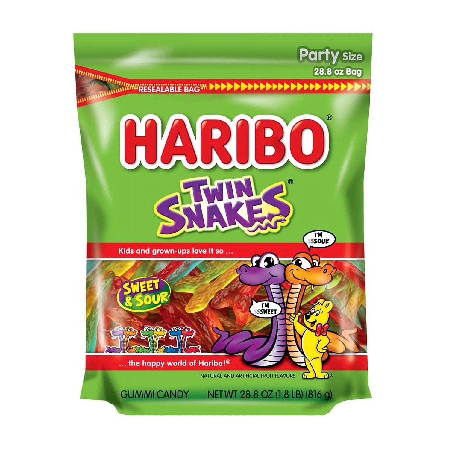 Haribo Twin Snakes Gummy Candy - 28.8oz Party Size Bag | Sour & Sweet Chewy Snakes | Perfect for Halloween Treats, Birthday Parties & Movie Night Snacks