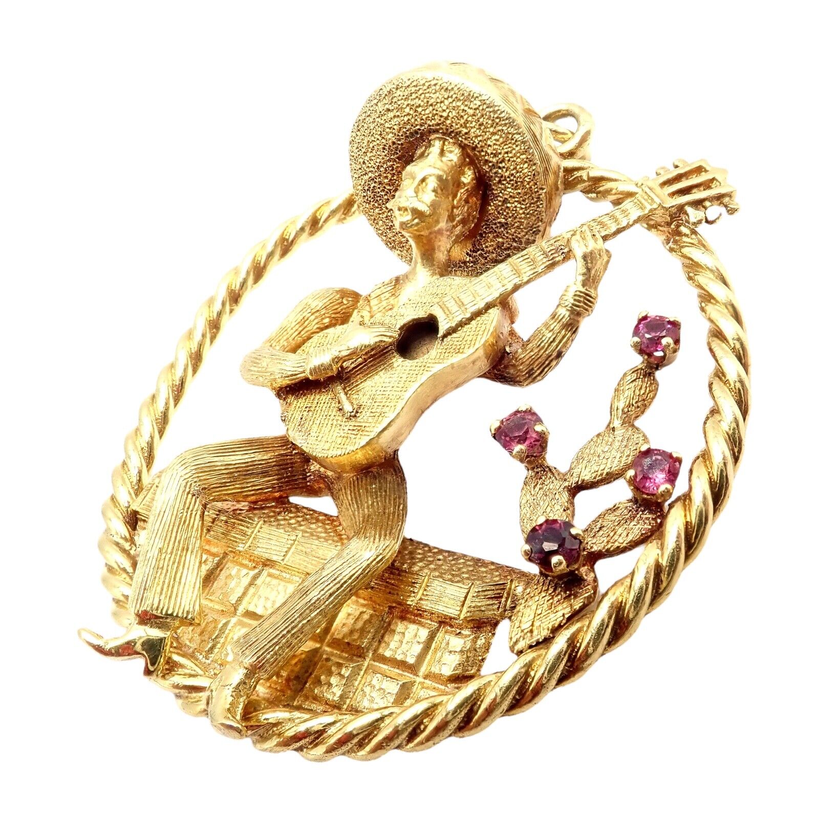 Authentic Rudi Cherny 18k Yellow Gold Guitar Player Cactus Ruby Pendant Necklace - Perfect for Music Lovers & Western Style Jewelry Gifts