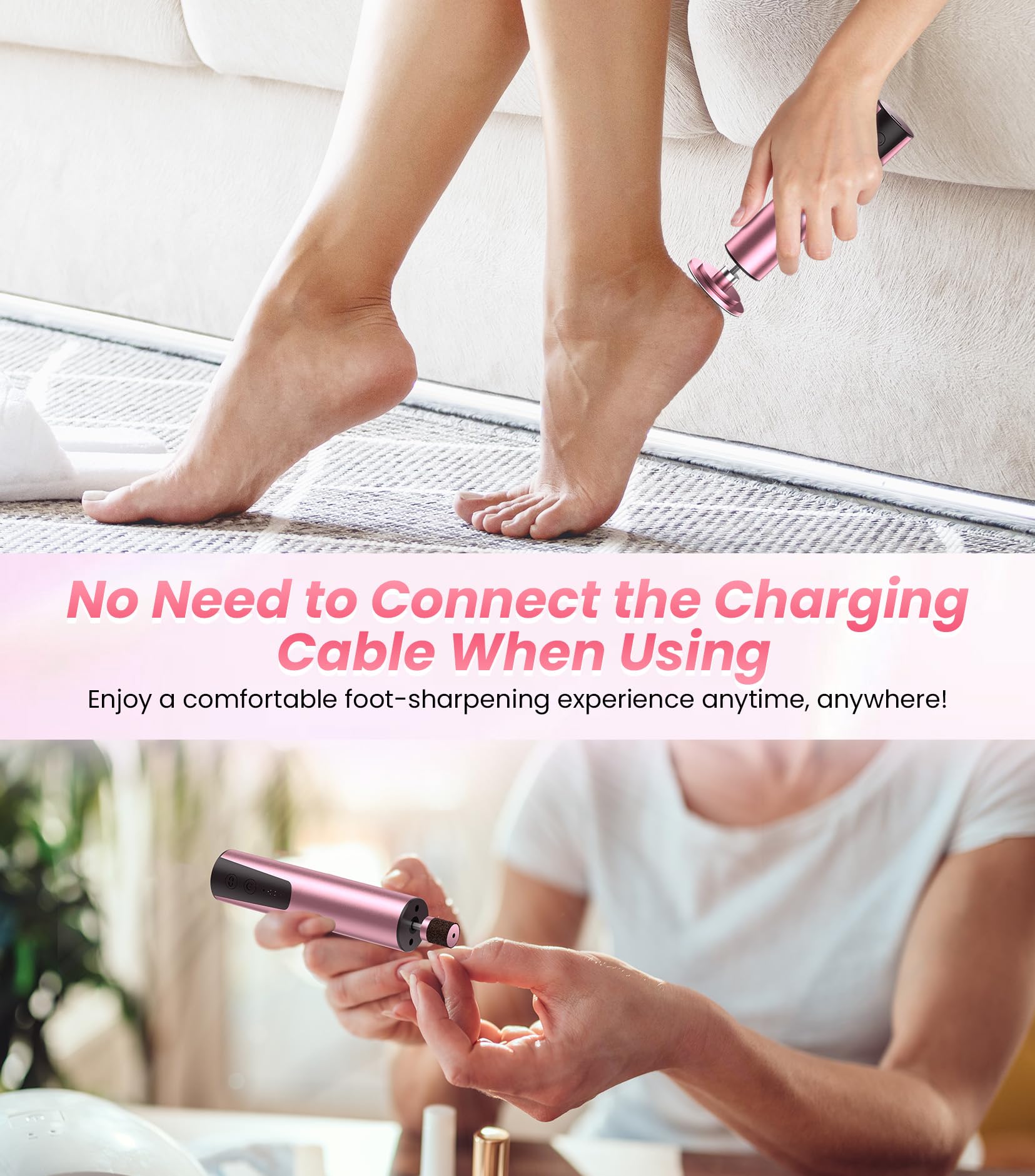 Professional Electric Callus Remover for Feet - Rechargeable 2-in-1 Foot File & Nail Grinder with 6 Speed Settings, Sandpaper Disc for Dead Skin & Callus Removal - Perfect for Home Pedicure & Foot Care (Pink)