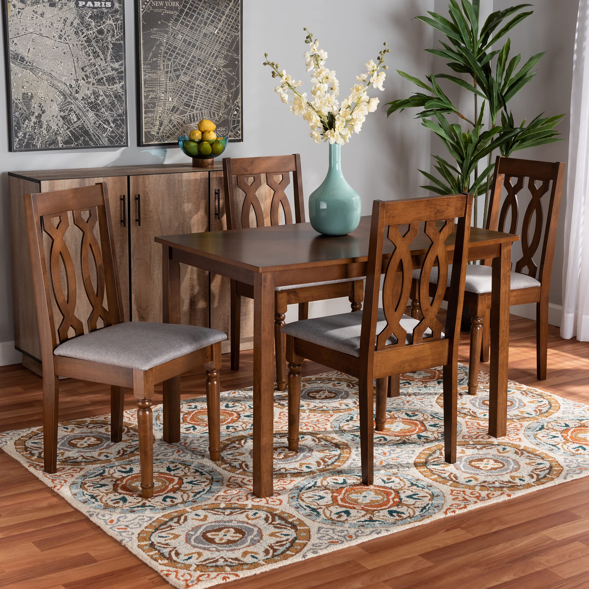Baxton Studio Cherese 5-Piece Wood Dining Set - Grey Fabric Upholstered Chairs with Walnut Brown Finish | Perfect for Small Spaces, Apartments & Modern Dining Rooms