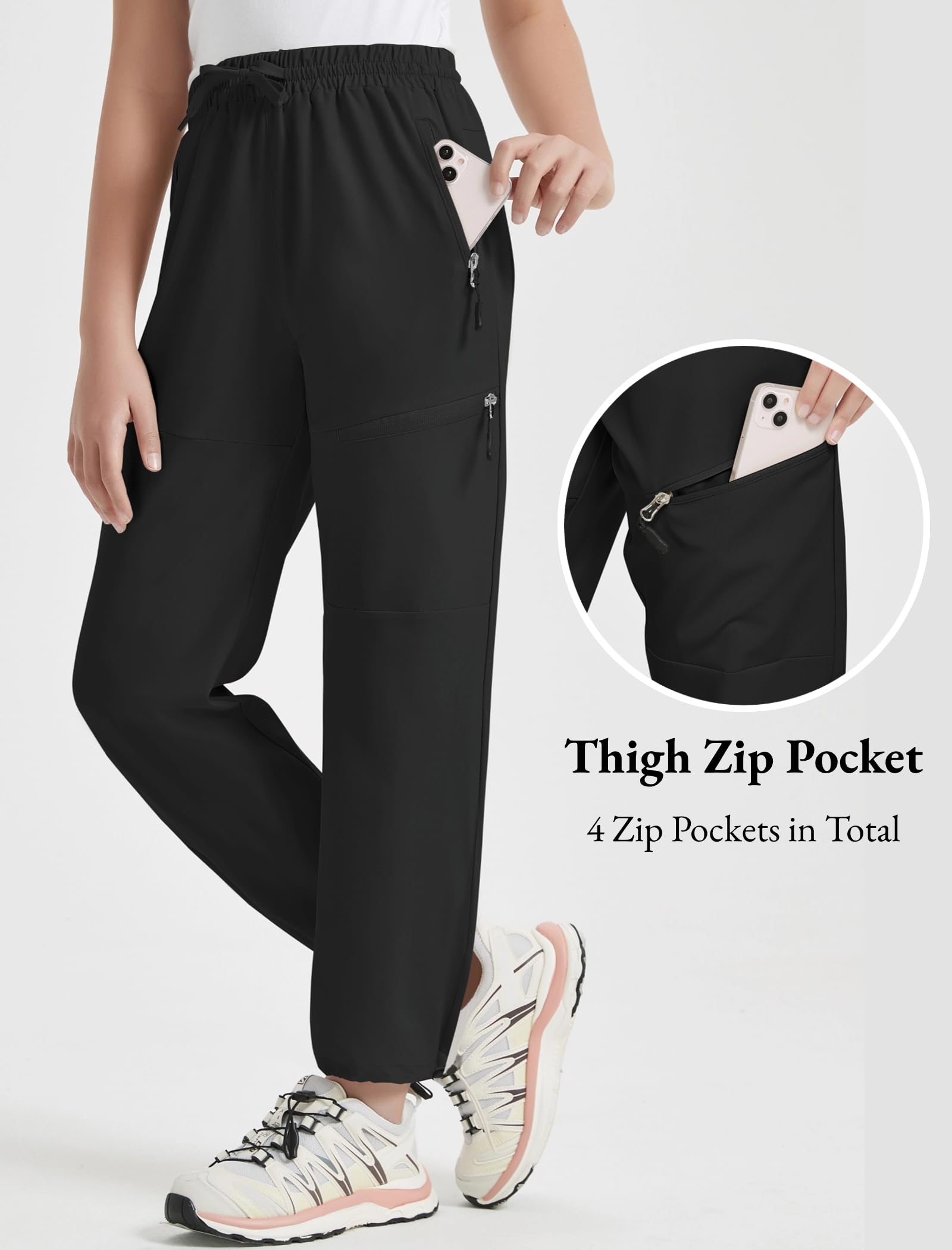EXARUS Girls Water Resistant Joggers - Quick Dry Hiking Pants with Zip Pockets for Kids 6-14 Years - High Waisted Lightweight Athletic Pants for Outdoor Activities, School & Play