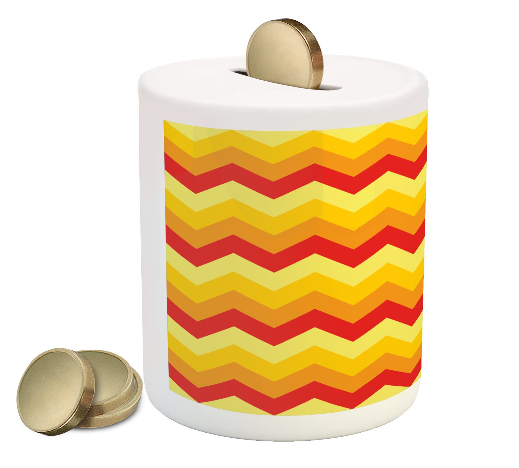 Ambesonne Yellow Chevron Piggy Bank - Geometric Arrow Design in Vibrant Warm Colors, Ceramic Coin Bank for Cash Savings | Perfect Gift for Kids, Teens & Collectors | Home Decor, Office Desk Accessory, Birthday Present Idea