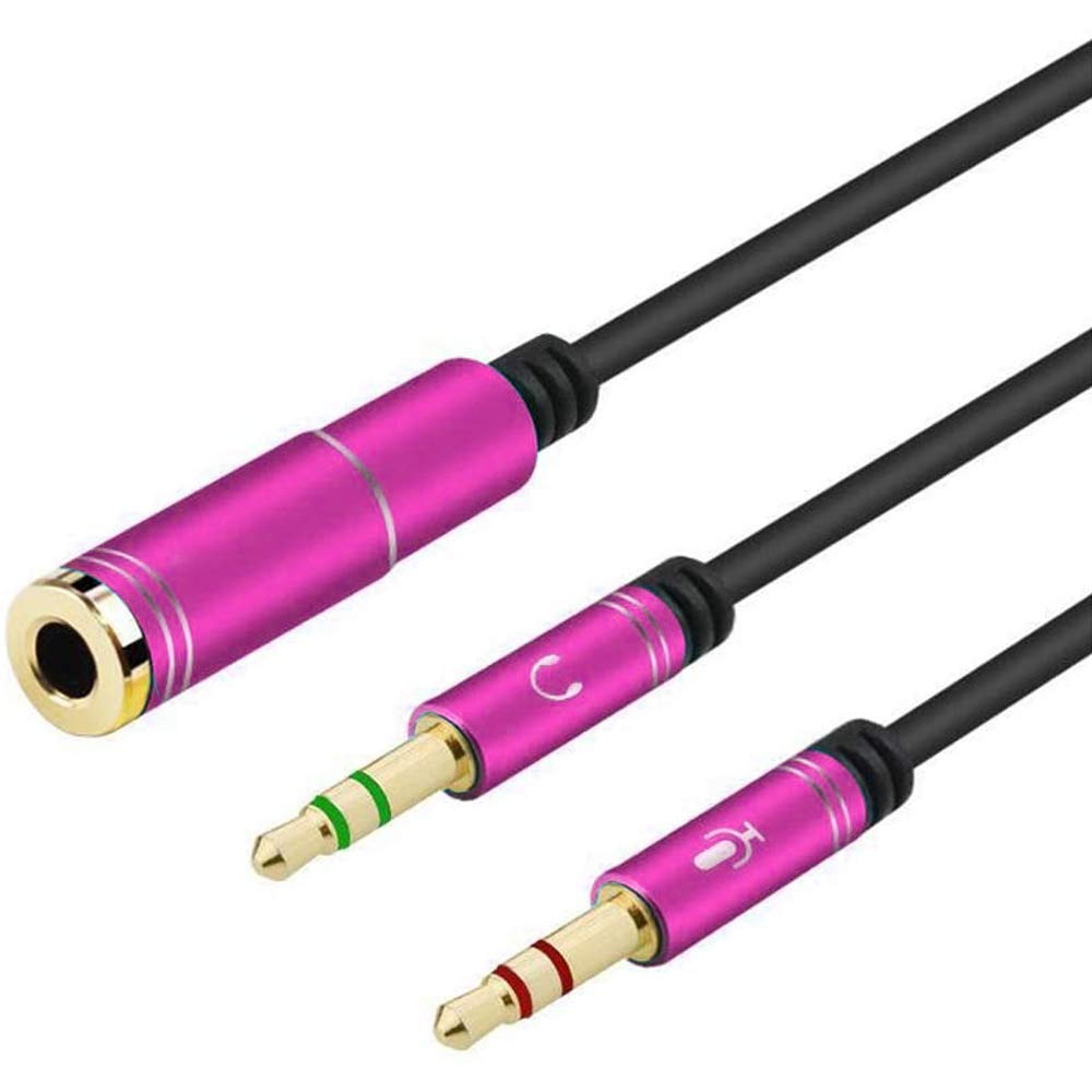 3.5mm Headphone Splitter Adapter - Female to Dual 3.5mm Male Audio Y Cable - 4-Pin Mic Compatible for Smartphone to PC Connection (Pink) - Perfect for Gaming, Podcasting & Online Meetings