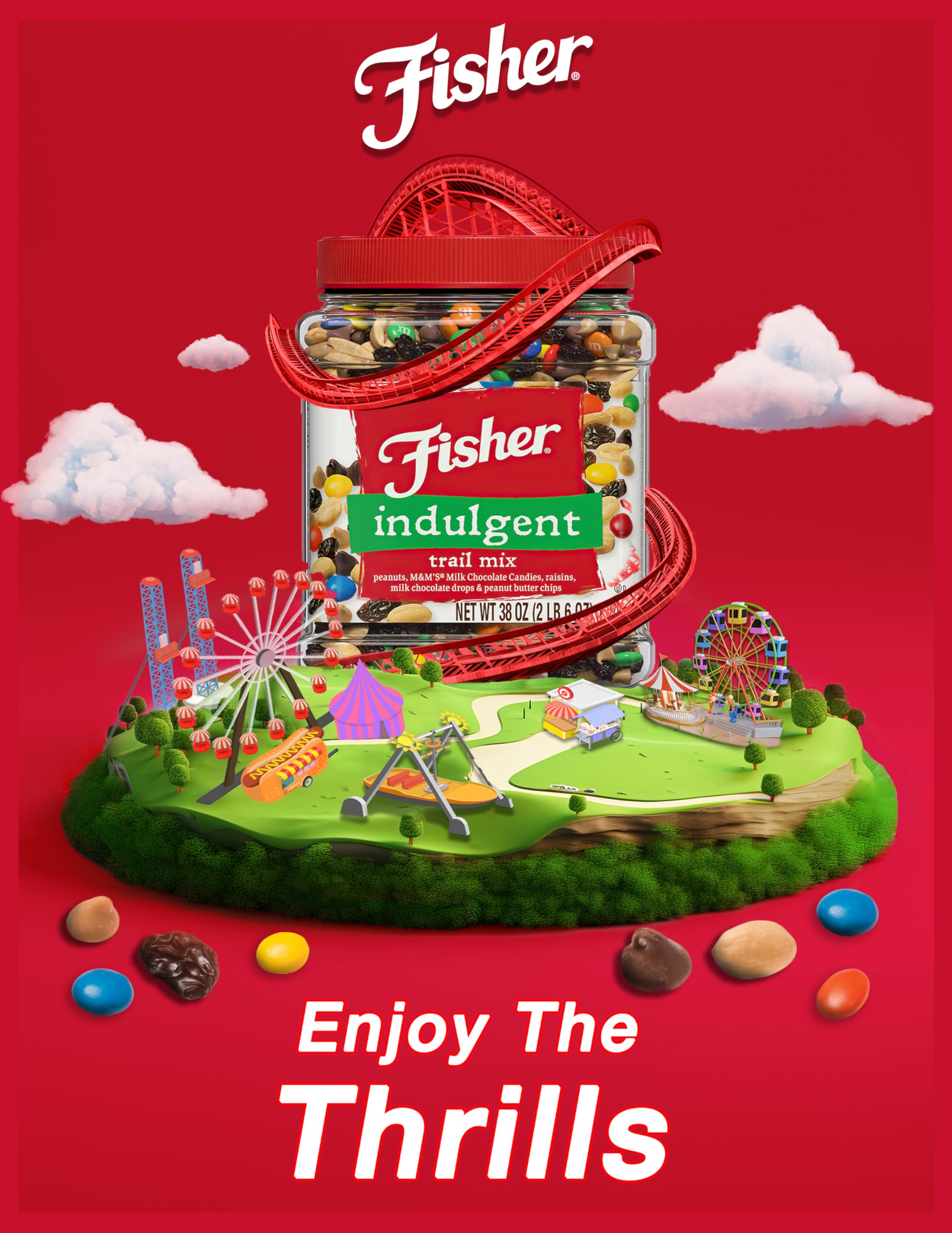 Fisher Snack Indulgent Trail Mix - 38oz Bulk Snacks with Peanuts, Milk Chocolate Candies, Raisins & Peanut Butter Chips | High Protein Energy Snack for Hiking, Camping, Office & Road Trips