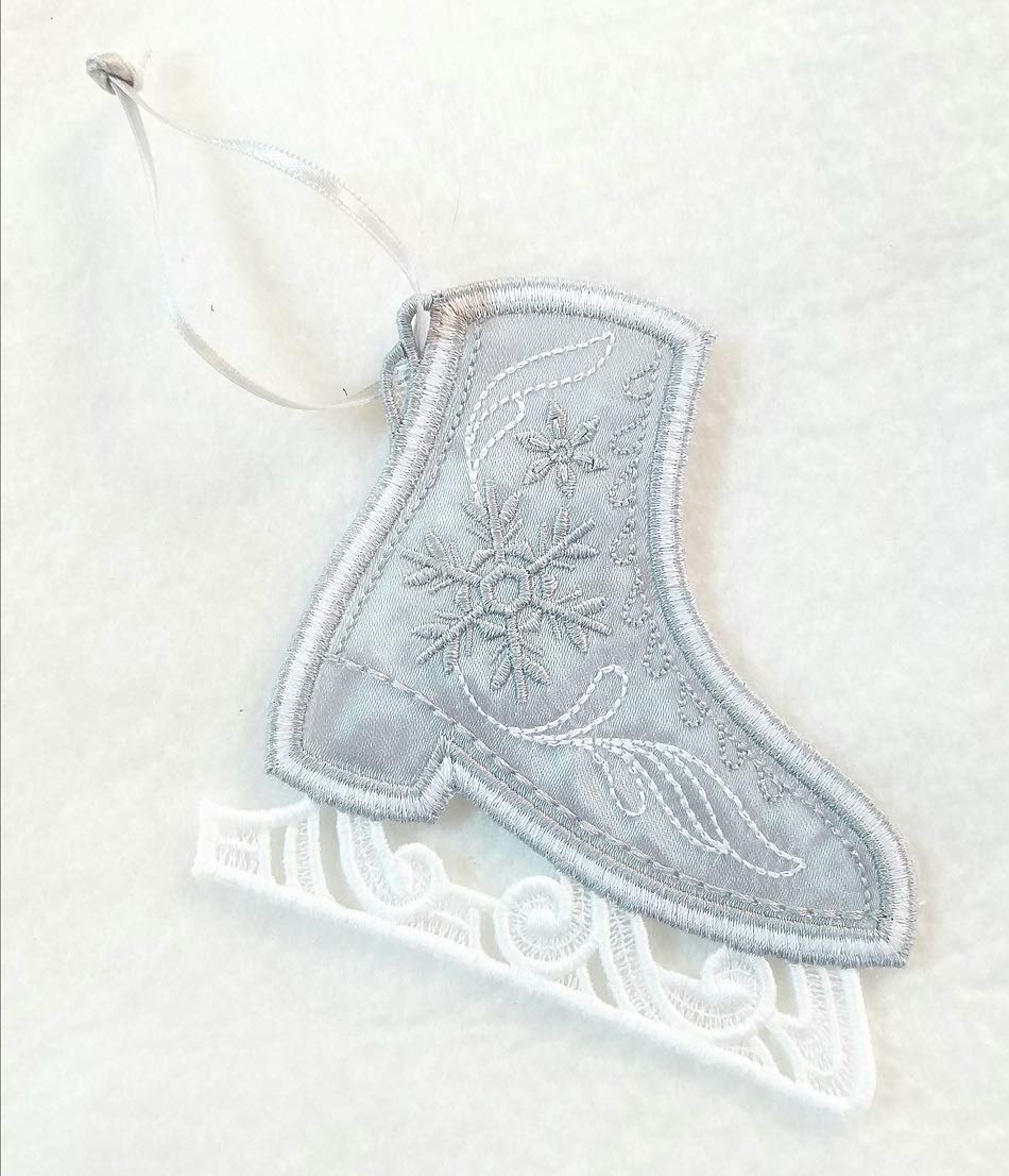 Christmas Embroidery Ornament Ice Skate Silver - Handmade Holiday Decor for Tree, Gift, and Winter Home Decoration