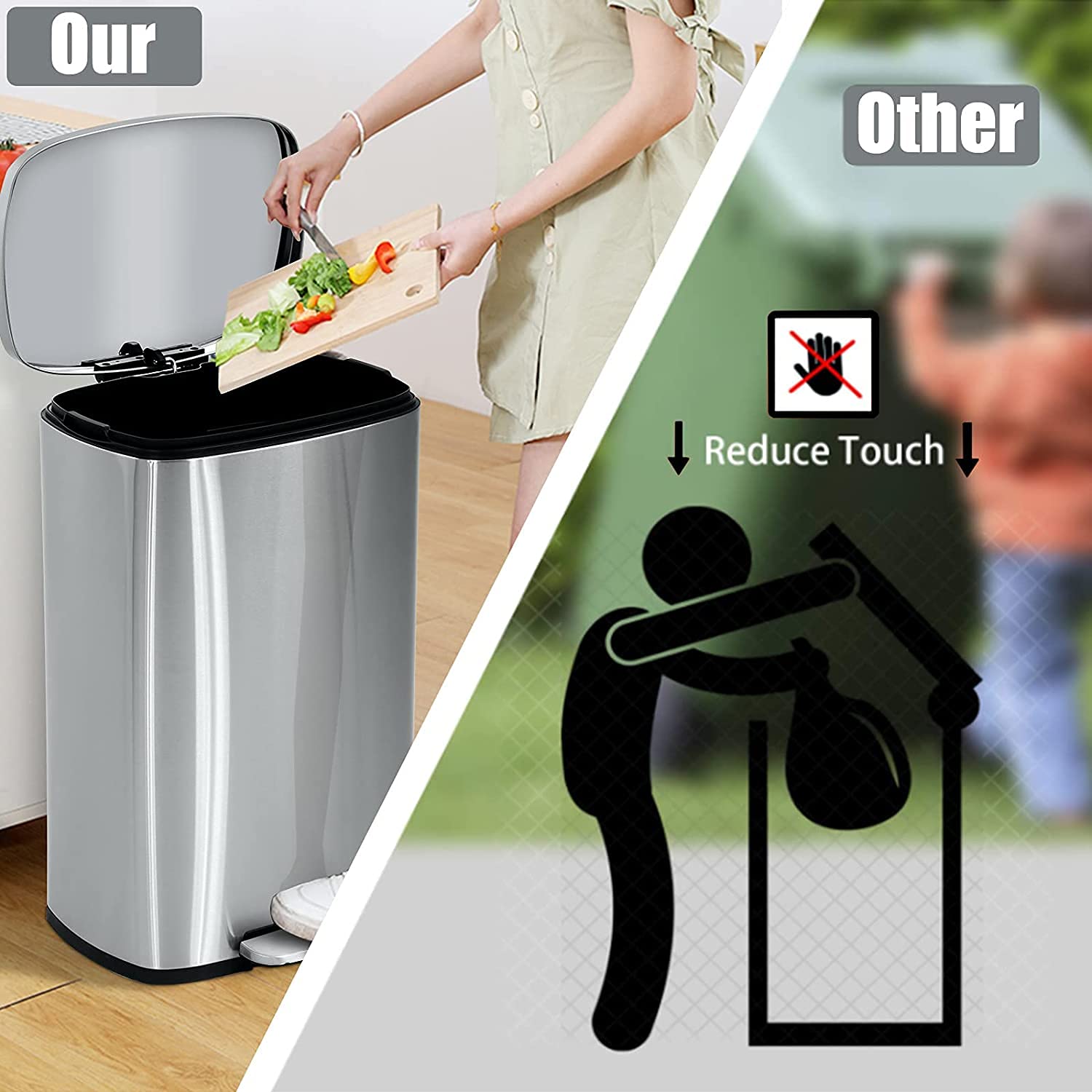 13 Gallon Stainless Steel Step Trash Can with Lid - Silver Kitchen Garbage Bin for Home, Office & Restaurant Use